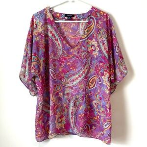 CHAPS Women Size XL Blouse Semi Sheer Drawstring Waist Purple Pink Paisley